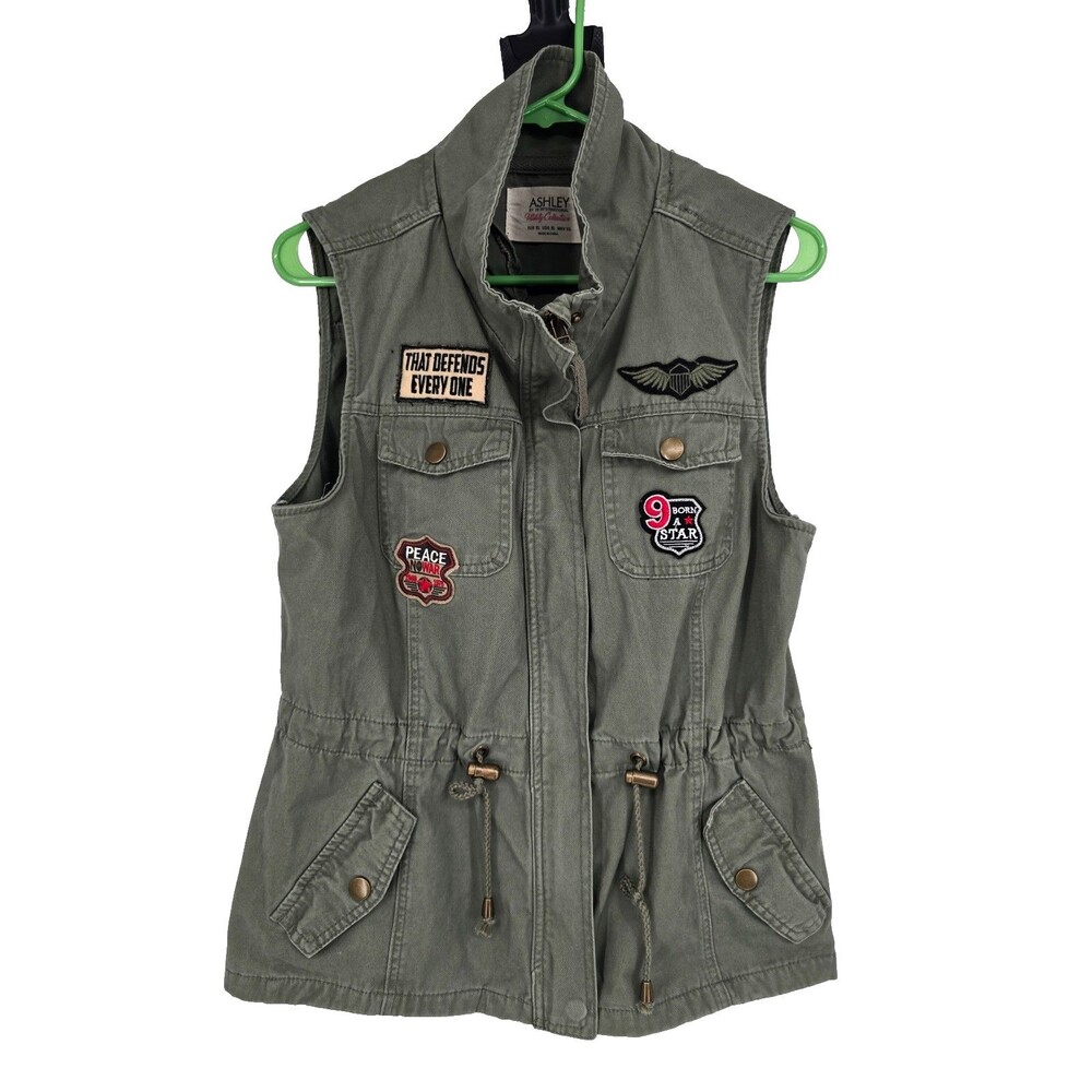 Ashley By 26 International Utility Vest Army Green Patches Zip Up Womens XL